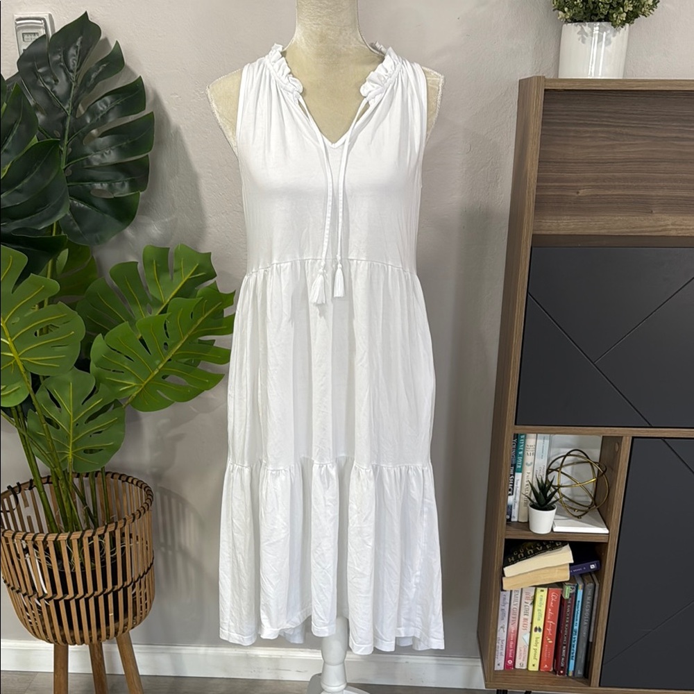 PETITE PLUME tiered high low stretch sleeveless summer dress tassel tie front